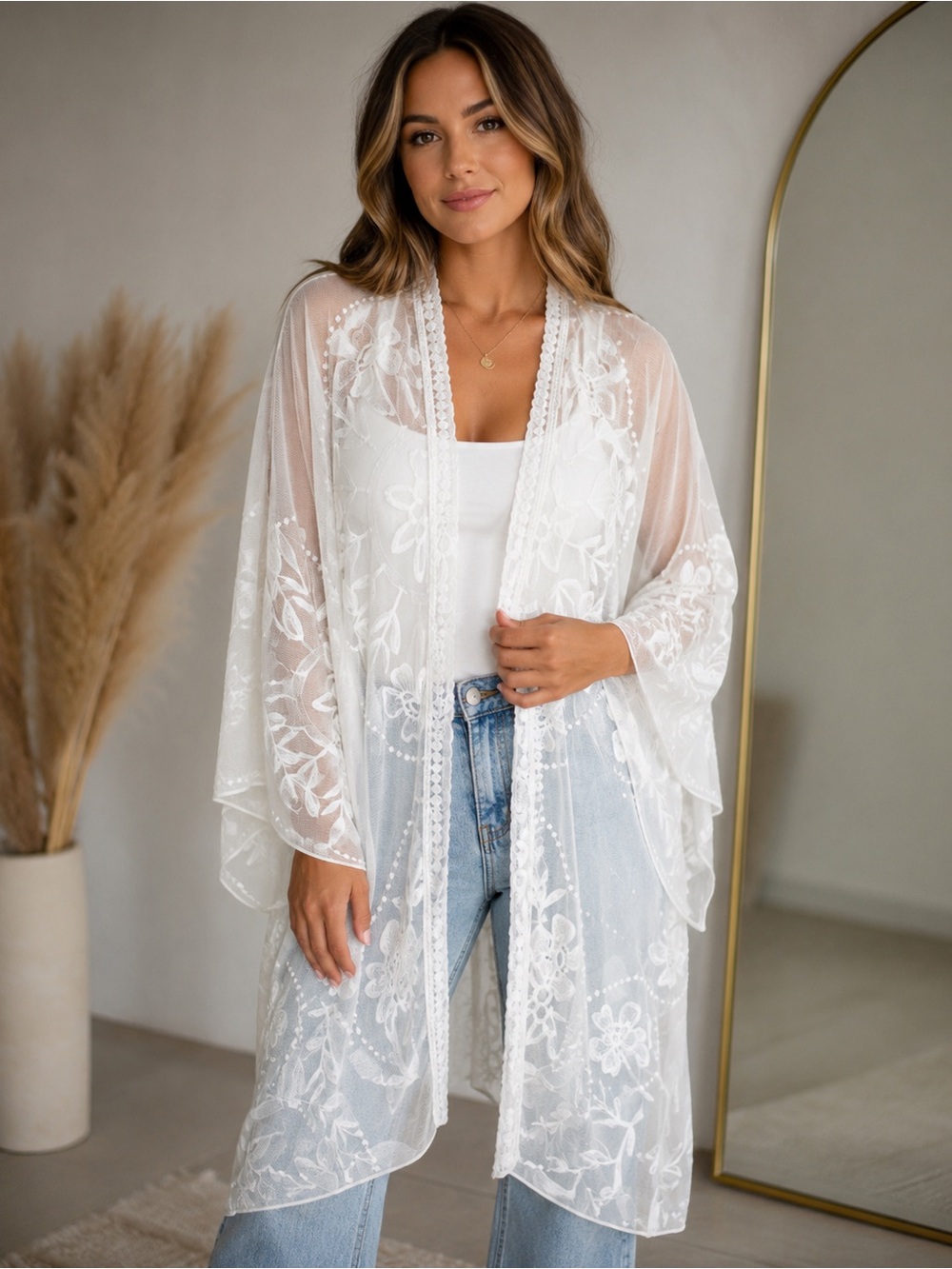 Sheer Floral Embroidered Kimono